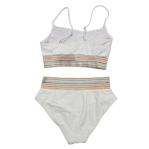 White Two-Piece Bikini Set Swimsuit  Multicolor Zigzag Waistband Size M Womens - Picture 2 of 5